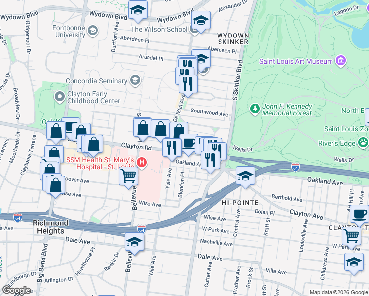 map of restaurants, bars, coffee shops, grocery stores, and more near 6341 Clayton Road in Clayton