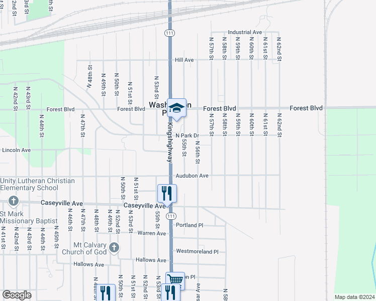 map of restaurants, bars, coffee shops, grocery stores, and more near 1842 North 55th Street in East St. Louis