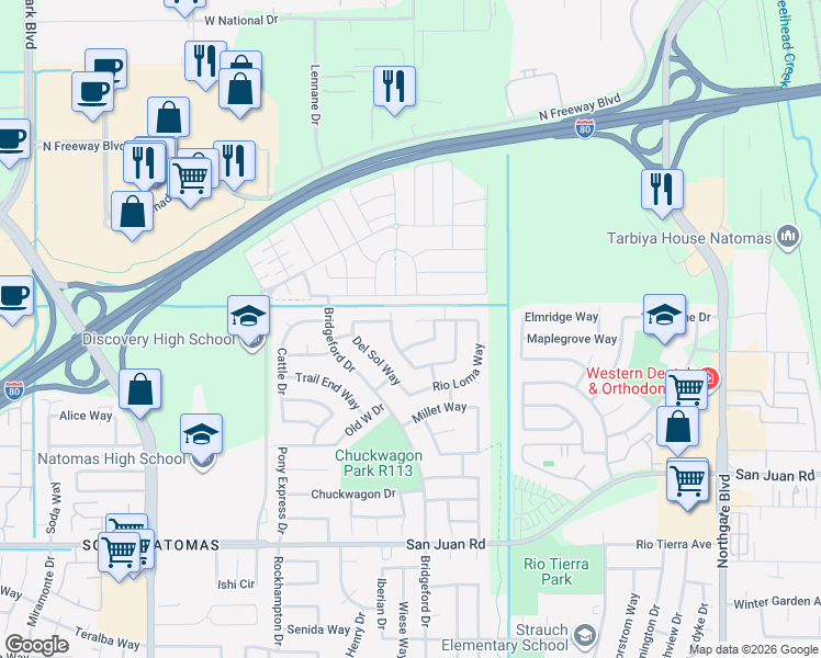 map of restaurants, bars, coffee shops, grocery stores, and more near 1180 Rio Norte Way in Sacramento