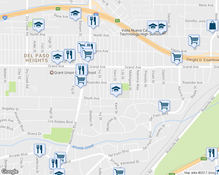 map of restaurants, bars, coffee shops, grocery stores, and more near 3632 Jasmine St in Sacramento