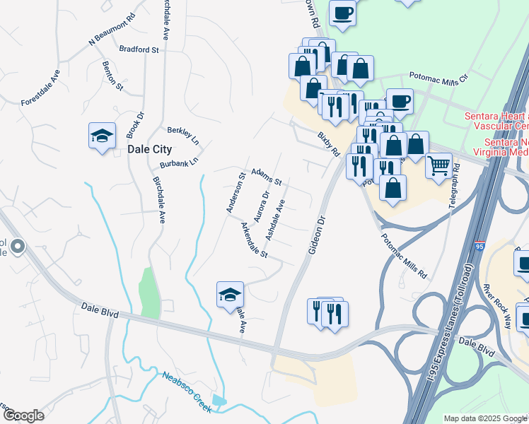 map of restaurants, bars, coffee shops, grocery stores, and more near 14613 Aurora Drive in Woodbridge