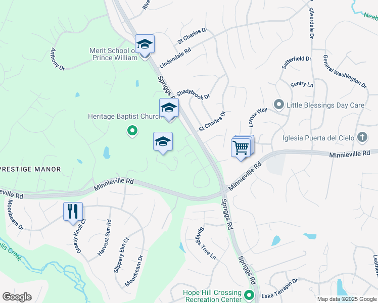 map of restaurants, bars, coffee shops, grocery stores, and more near 14732 Bell Tower Road in Woodbridge