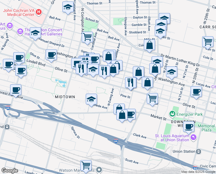 map of restaurants, bars, coffee shops, grocery stores, and more near 2950 Olive St in St Louis