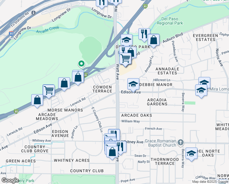 map of restaurants, bars, coffee shops, grocery stores, and more near 3739 Watt Avenue in Sacramento