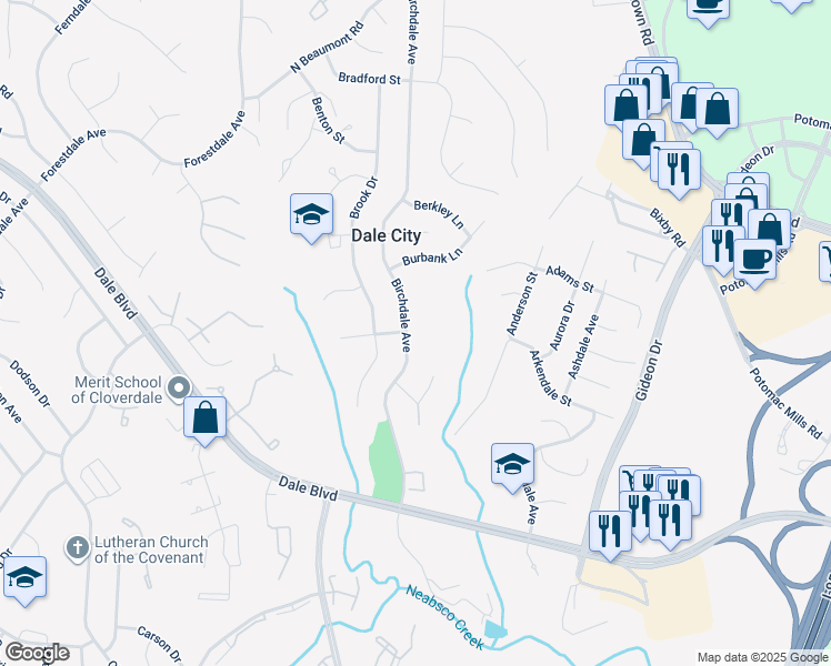 map of restaurants, bars, coffee shops, grocery stores, and more near 14615 Birchdale Avenue in Woodbridge