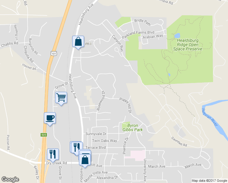map of restaurants, bars, coffee shops, grocery stores, and more near 1579 Clear Ridge Drive in Healdsburg