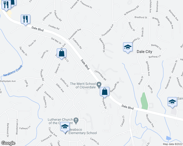 map of restaurants, bars, coffee shops, grocery stores, and more near Dale Blvd & Cloverdale Rd in Dale City