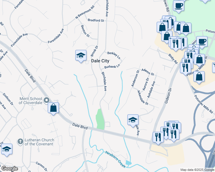 map of restaurants, bars, coffee shops, grocery stores, and more near 14615 Birchdale Avenue in Woodbridge
