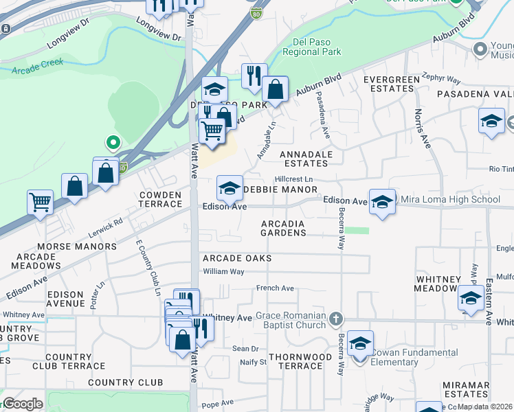map of restaurants, bars, coffee shops, grocery stores, and more near 3650 Edison Avenue in Sacramento