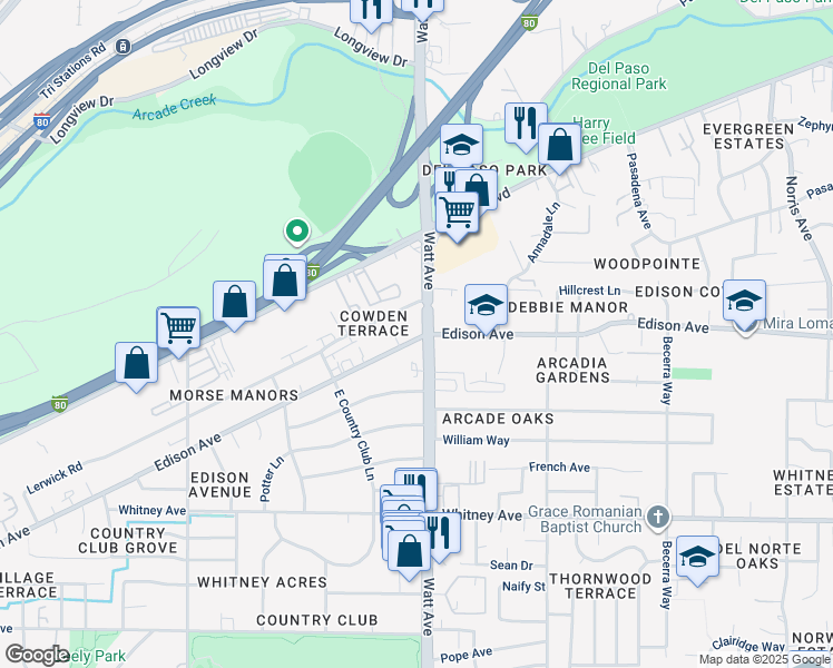 map of restaurants, bars, coffee shops, grocery stores, and more near 3739 Watt Avenue in Sacramento