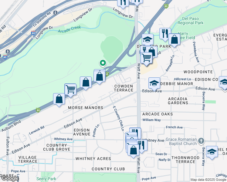 map of restaurants, bars, coffee shops, grocery stores, and more near 3366 Lerwick Road in Sacramento