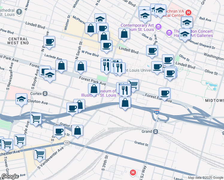 map of restaurants, bars, coffee shops, grocery stores, and more near 3834 Forest Park Avenue in St. Louis