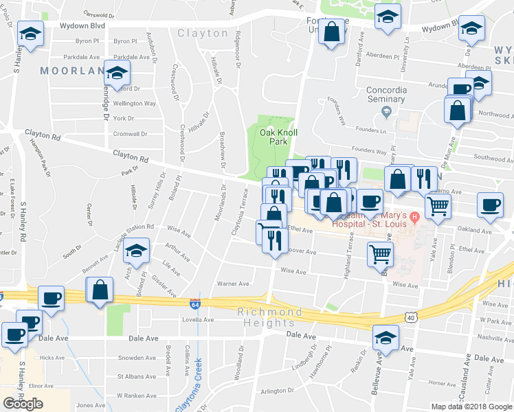 map of restaurants, bars, coffee shops, grocery stores, and more near 1024 Claytonia Terrace in Richmond Heights