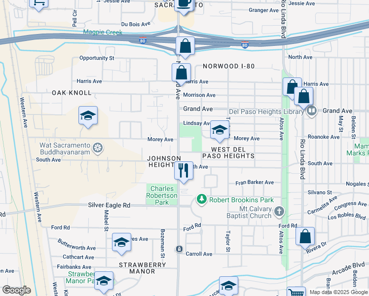map of restaurants, bars, coffee shops, grocery stores, and more near 415 Kesner Avenue in Sacramento