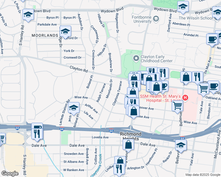 map of restaurants, bars, coffee shops, grocery stores, and more near 1114 Moorlands Drive in Richmond Heights
