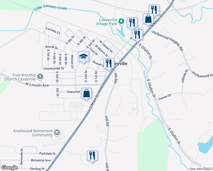map of restaurants, bars, coffee shops, grocery stores, and more near 600 South Main Street in Caseyville