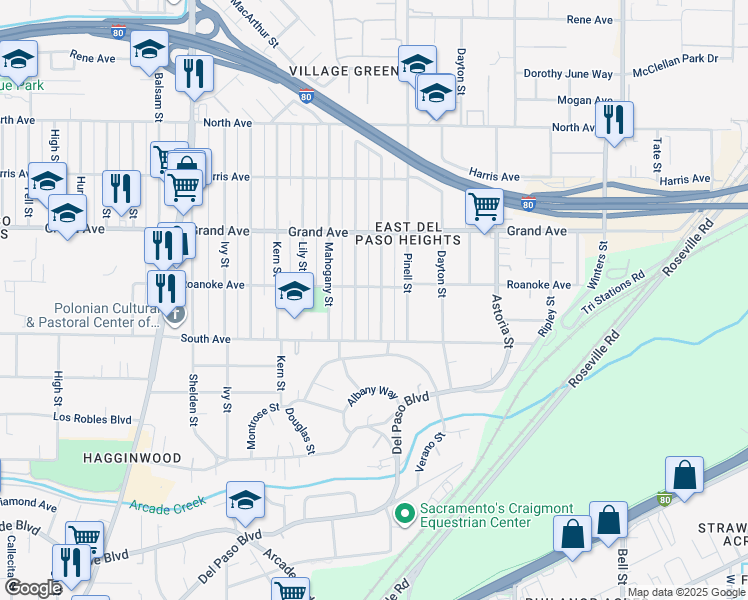 map of restaurants, bars, coffee shops, grocery stores, and more near 3637 Presidio Street in Sacramento
