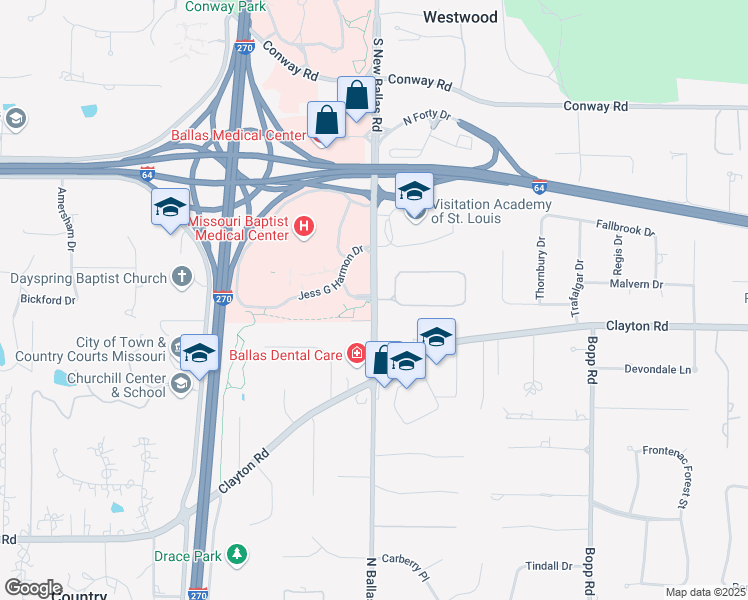 map of restaurants, bars, coffee shops, grocery stores, and more near 3015 North Ballas Road in St. Louis
