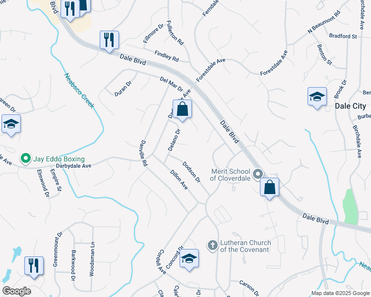 map of restaurants, bars, coffee shops, grocery stores, and more near 3803 Derby Court in Woodbridge