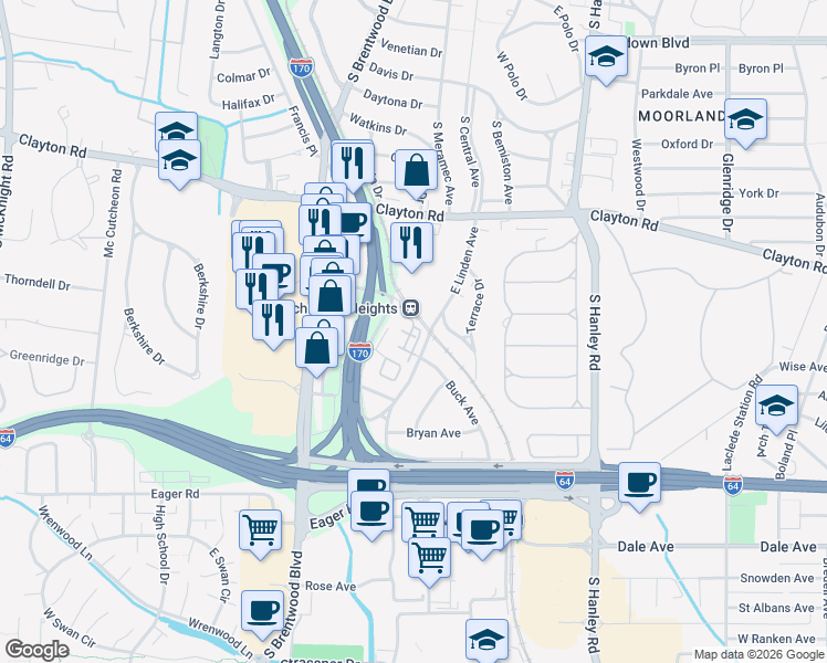 map of restaurants, bars, coffee shops, grocery stores, and more near 8009 Townes Way in Richmond Heights