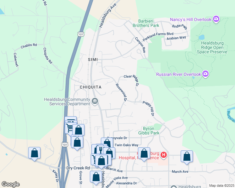 map of restaurants, bars, coffee shops, grocery stores, and more near 131 Sienna Ct in Healdsburg