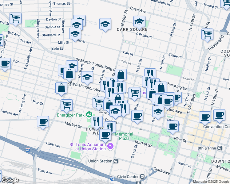 map of restaurants, bars, coffee shops, grocery stores, and more near 1917 Washington Avenue in St. Louis