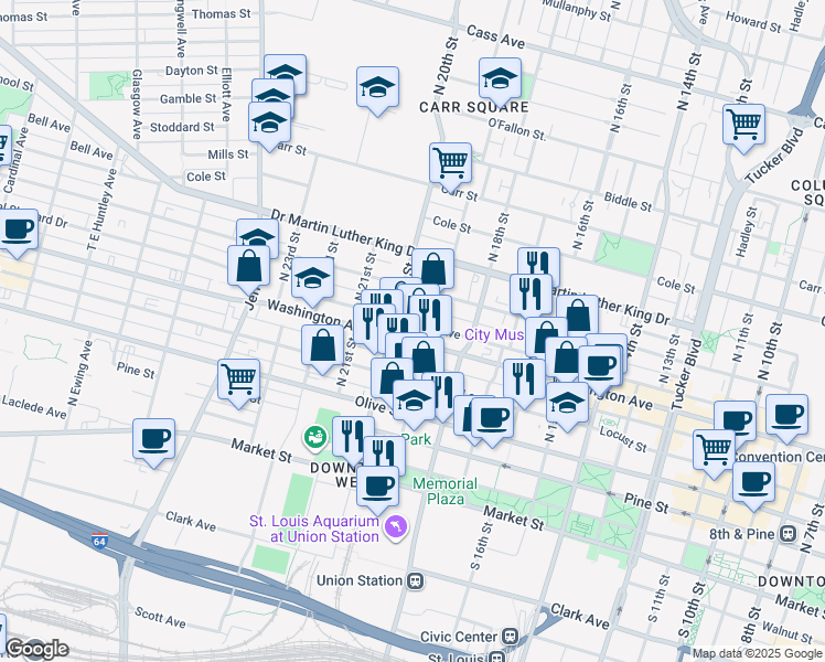 map of restaurants, bars, coffee shops, grocery stores, and more near 1901 Washington Avenue in St. Louis