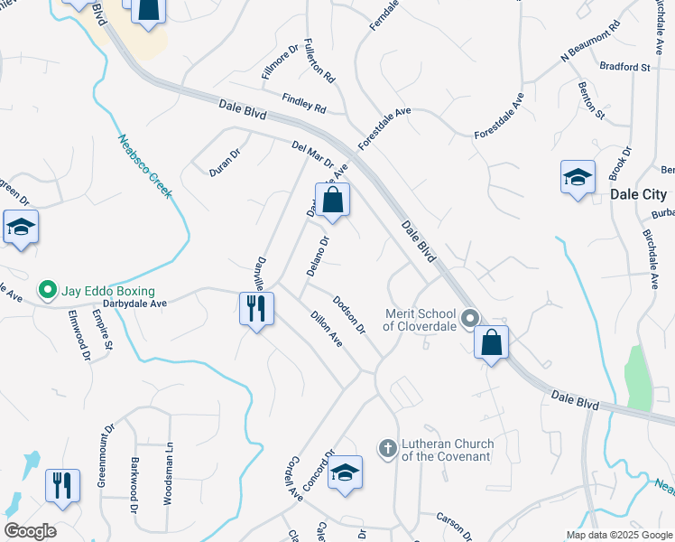 map of restaurants, bars, coffee shops, grocery stores, and more near 3803 Derby Court in Woodbridge