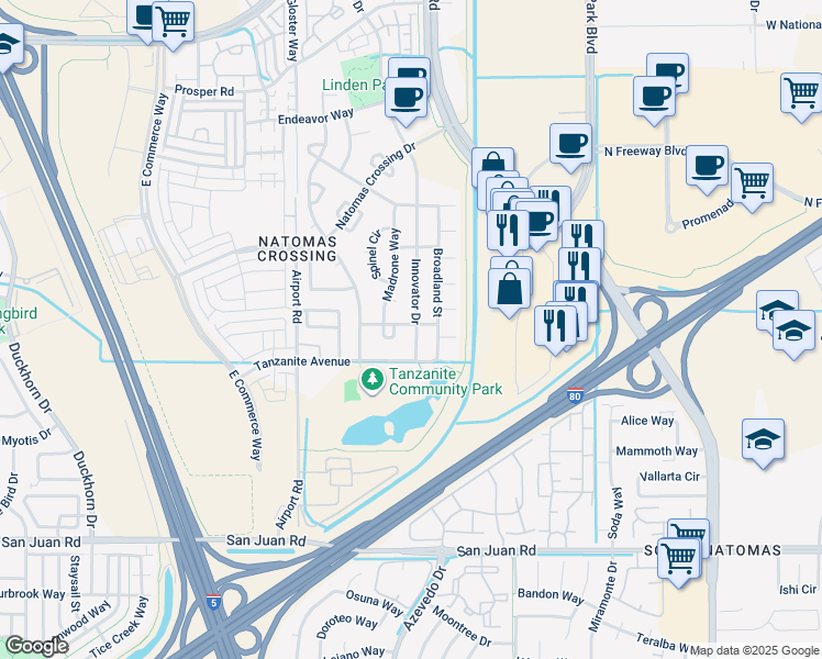 map of restaurants, bars, coffee shops, grocery stores, and more near 3633 Broadland Street in Sacramento