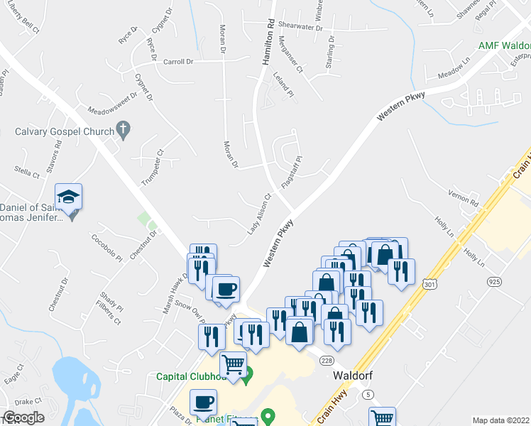 map of restaurants, bars, coffee shops, grocery stores, and more near 11520 Lady Alison Court in Waldorf