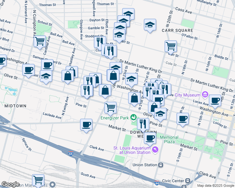 map of restaurants, bars, coffee shops, grocery stores, and more near 2356 Locust Street in St. Louis