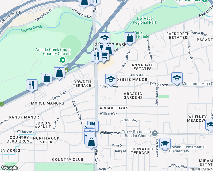 map of restaurants, bars, coffee shops, grocery stores, and more near 3525 Edison Avenue in Sacramento