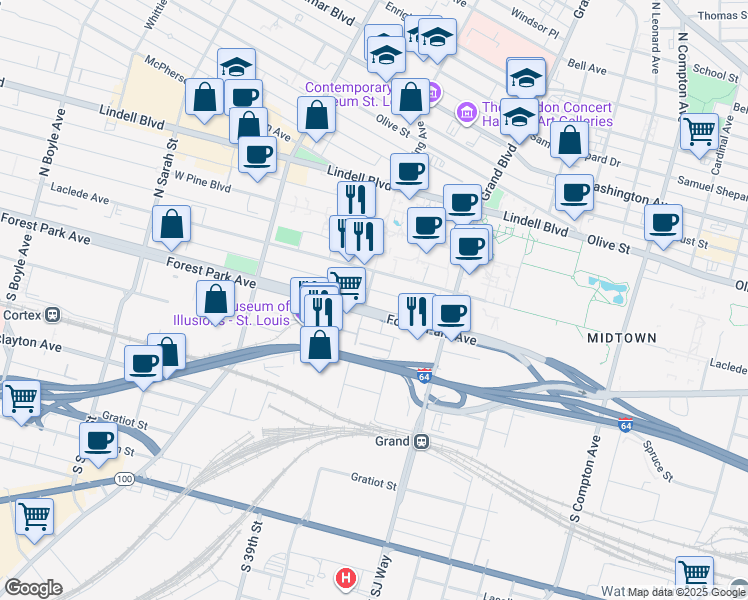 map of restaurants, bars, coffee shops, grocery stores, and more near 24 South Spring Avenue in St. Louis