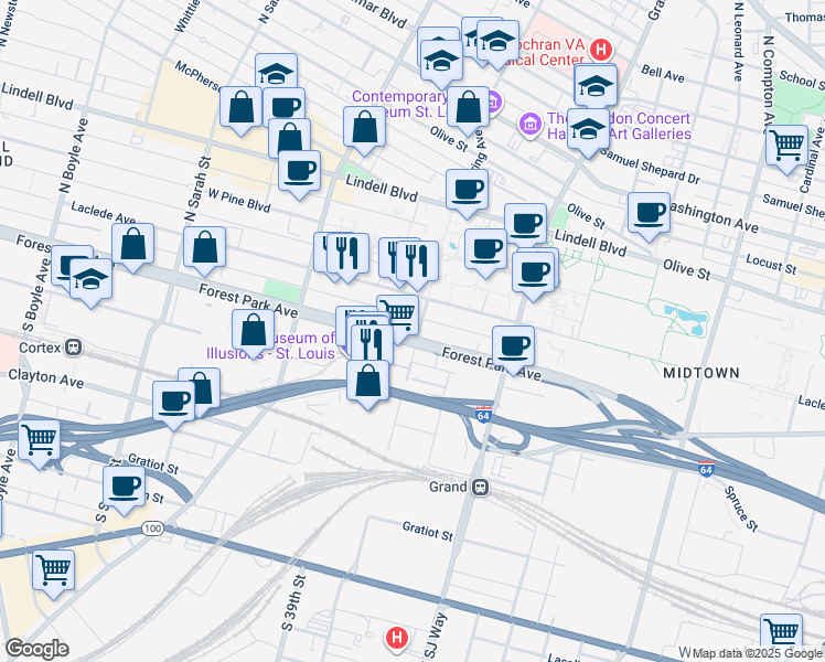 map of restaurants, bars, coffee shops, grocery stores, and more near 71 South Spring Avenue in St. Louis