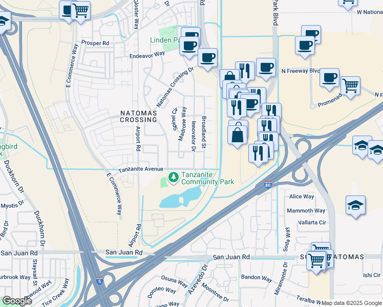 map of restaurants, bars, coffee shops, grocery stores, and more near 3633 Broadland Street in Sacramento