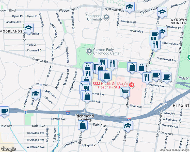 map of restaurants, bars, coffee shops, grocery stores, and more near 6734 Oakland Avenue in Richmond Heights