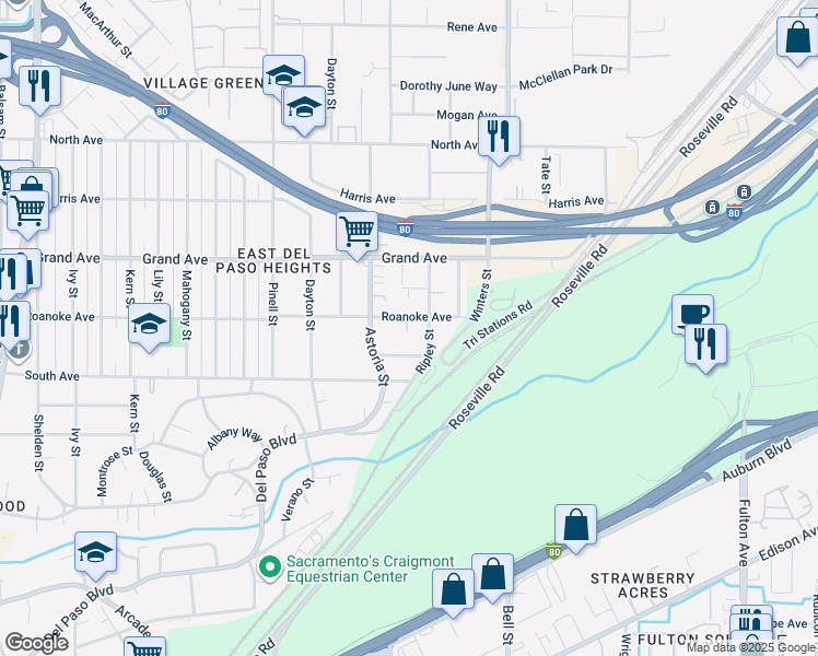 map of restaurants, bars, coffee shops, grocery stores, and more near 3641 Ripley Street in Sacramento