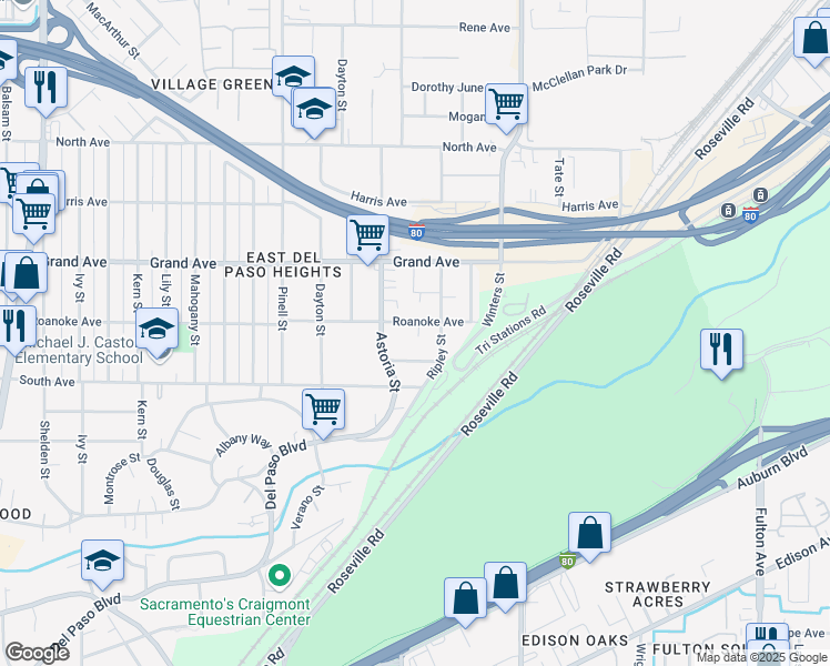 map of restaurants, bars, coffee shops, grocery stores, and more near 3641 Ripley Street in Sacramento
