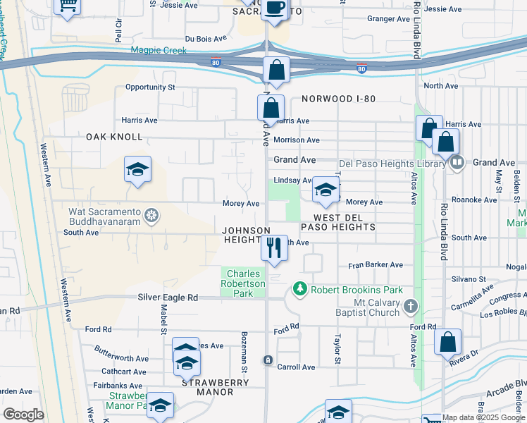 map of restaurants, bars, coffee shops, grocery stores, and more near 415 Kesner Avenue in Sacramento