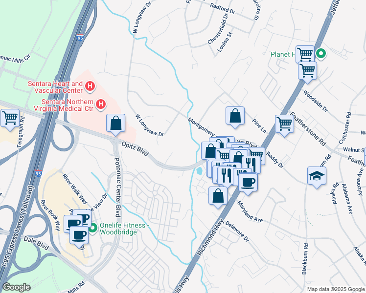 map of restaurants, bars, coffee shops, grocery stores, and more near 2150 Opitz Boulevard in Woodbridge
