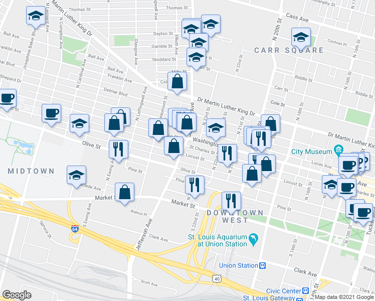 map of restaurants, bars, coffee shops, grocery stores, and more near 2356 Locust Street in St. Louis