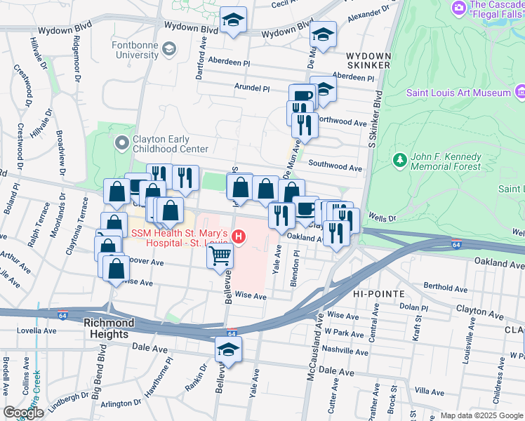 map of restaurants, bars, coffee shops, grocery stores, and more near 6429 Clayton Road in Clayton