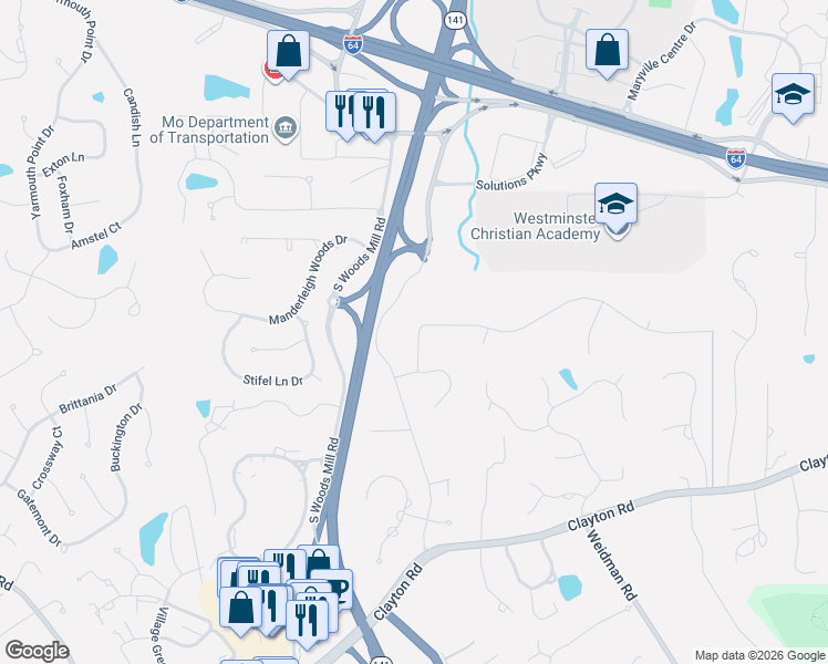 map of restaurants, bars, coffee shops, grocery stores, and more near 702 South Woods Mill Road in Chesterfield