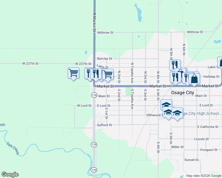 map of restaurants, bars, coffee shops, grocery stores, and more near 104 Main Street in Osage City