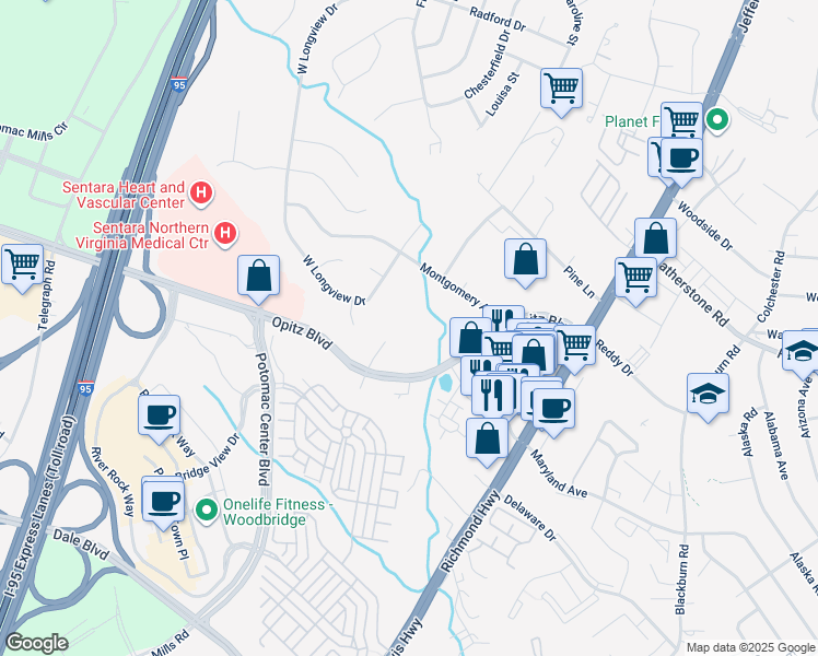 map of restaurants, bars, coffee shops, grocery stores, and more near 2150 Opitz Boulevard in Woodbridge