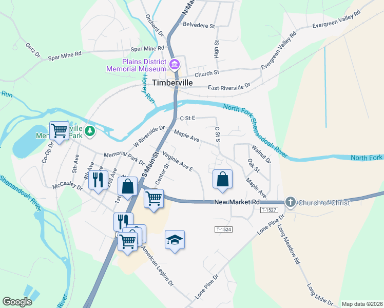 map of restaurants, bars, coffee shops, grocery stores, and more near 169 Virginia Avenue in Timberville