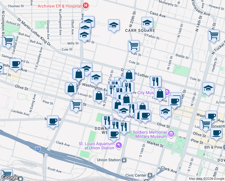 map of restaurants, bars, coffee shops, grocery stores, and more near 2017 Washington Avenue in St. Louis