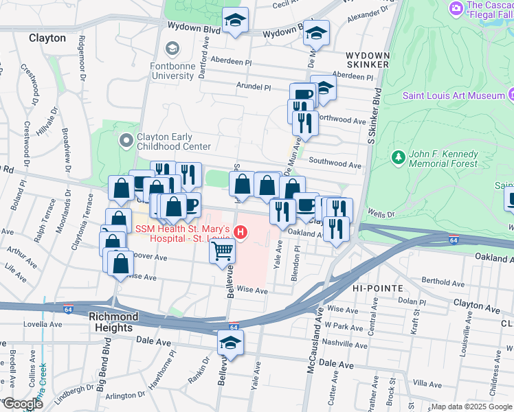map of restaurants, bars, coffee shops, grocery stores, and more near 6425 Clayton Road in Clayton