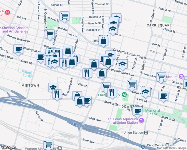 map of restaurants, bars, coffee shops, grocery stores, and more near 2633 Olive Street in St. Louis