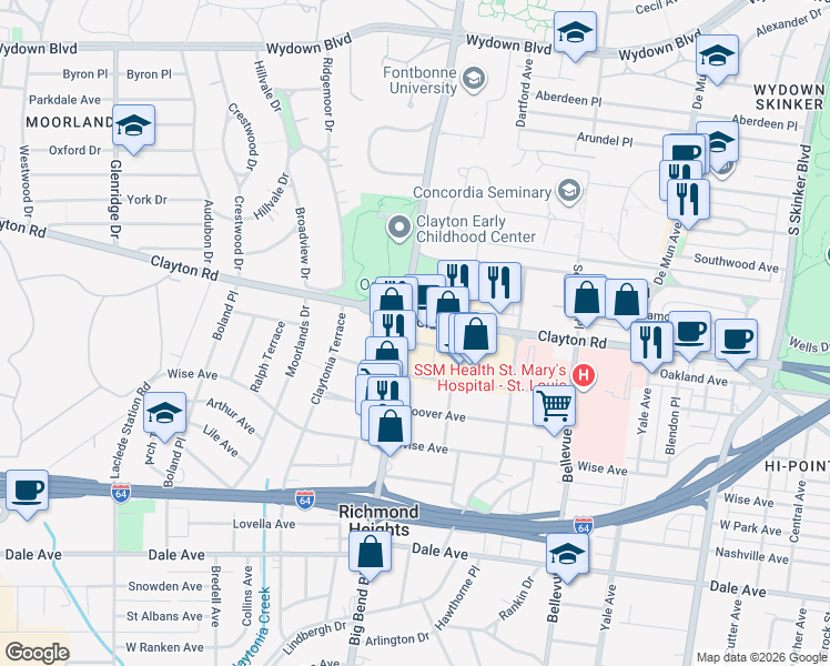 map of restaurants, bars, coffee shops, grocery stores, and more near 6734 Oakland Avenue in Richmond Heights